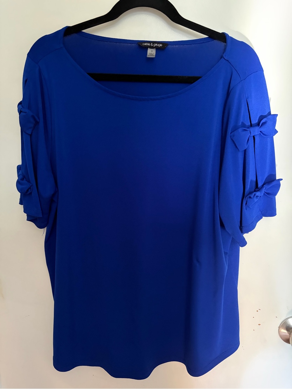 Cable & Gauge Bold Blue Short Sleeve Bow Accent Blouse